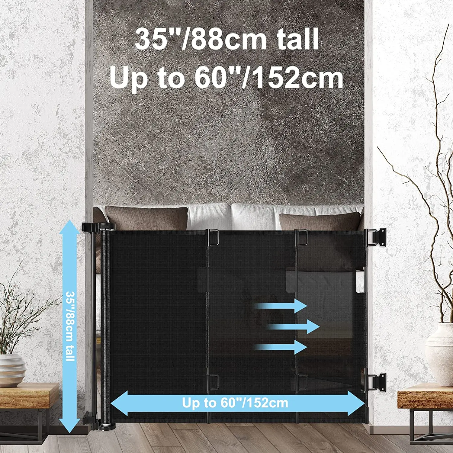 Retractable baby gate and dog gate Extra wide safety gate, easy to roll and latch. Ideal for doorways, indoor or outdoor use