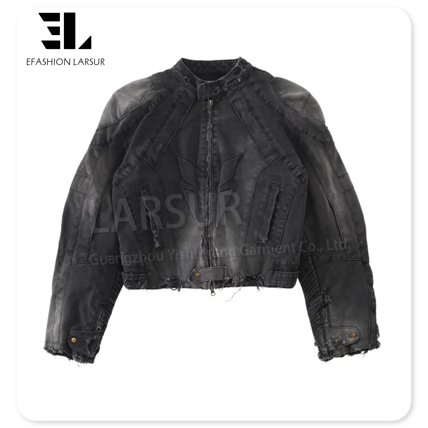 LARSUR Custom clothing manufacturer distress wash emboss denim bomber racing jacket short biker motorcycle jean jacket men