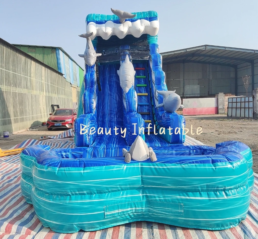 new design dolphin waterslide inflatable water slide with pool for sale