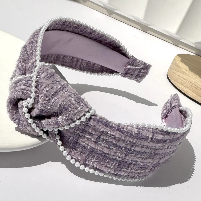 Vintage Winter Elegant Women Knotted Headband French Retro White Pearl Bow hairband Wide Knot Woolen Cloth hairhoop