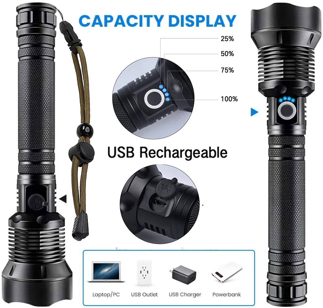 2024 Powerful 10W 10000 lumens 5Modes Waterproof Camping Tactical Torch flash LED USB Rechargeable flashlights lamp light