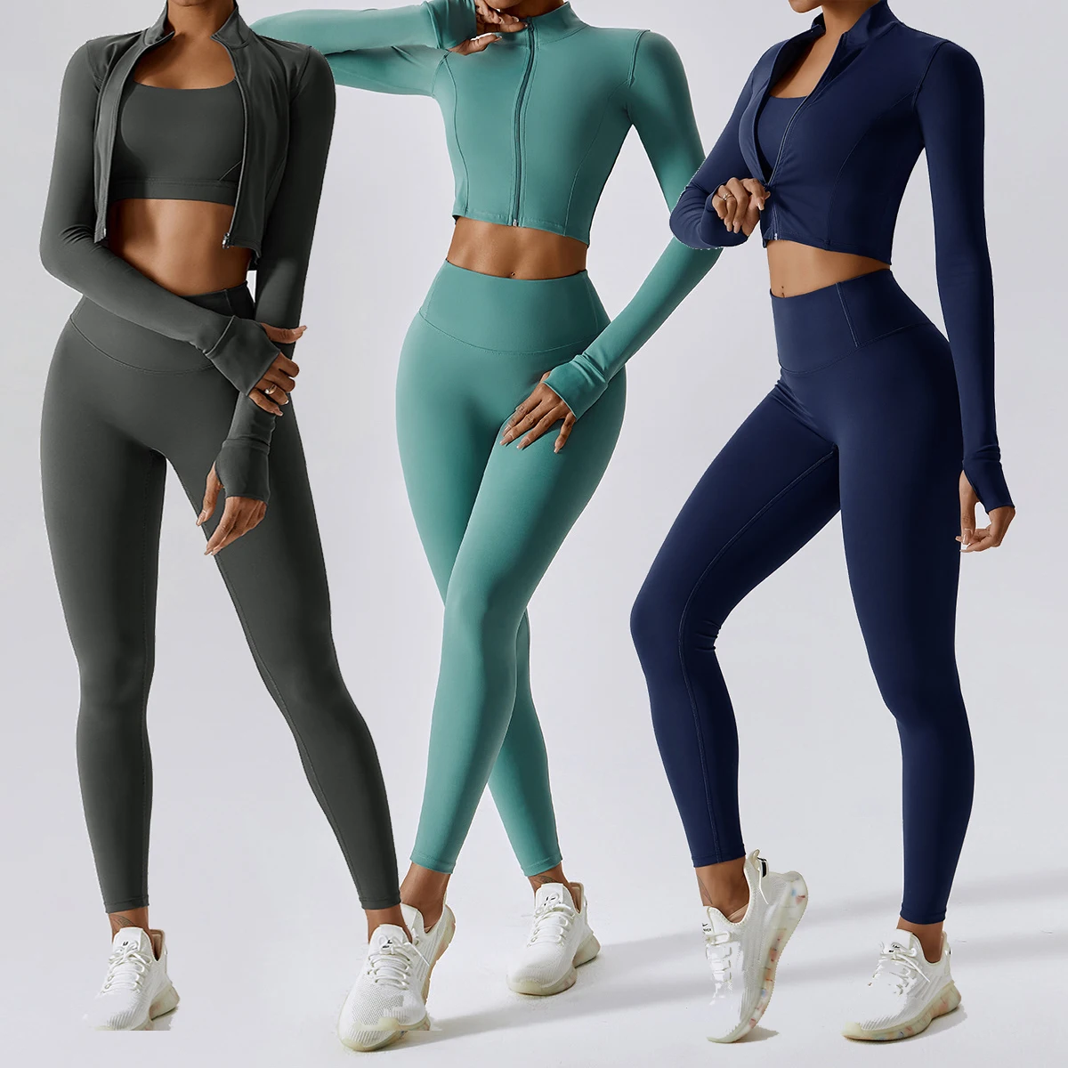 YIYI Naked Feeling Breathable High Stretchy Workout Sets Female Comfortable Gym 3pcs Sets Cropped Gym Jacket 3pcs Sets Girls