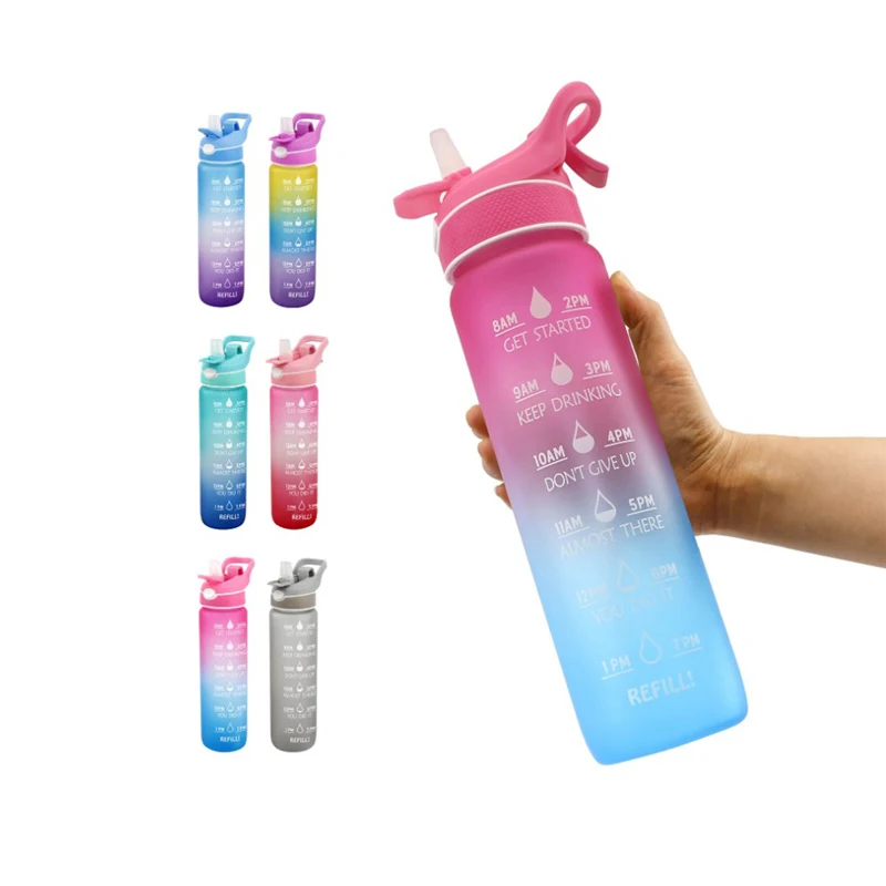Plastic 35oz Sport Spray Bottles 1000ml Tritan Baby Hiking Camping Bottles Gym Workout Fitness Time Marker Plastic Bottles