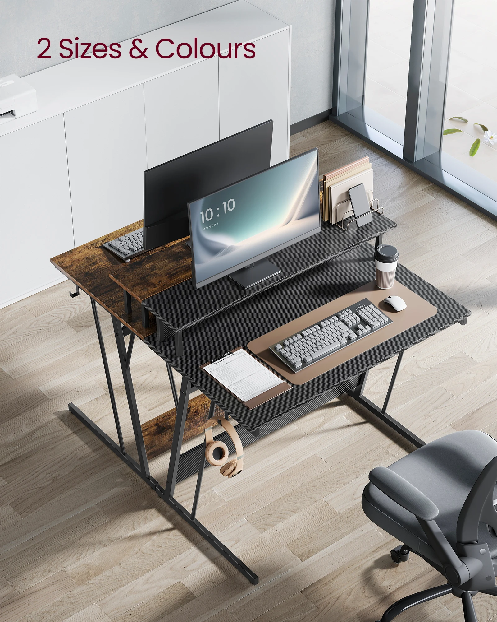 VASAGLE Carbon Fiber Surface Black Gaming Desk with LED Lights Ergonomic Computer Desk with Monitor Shelf