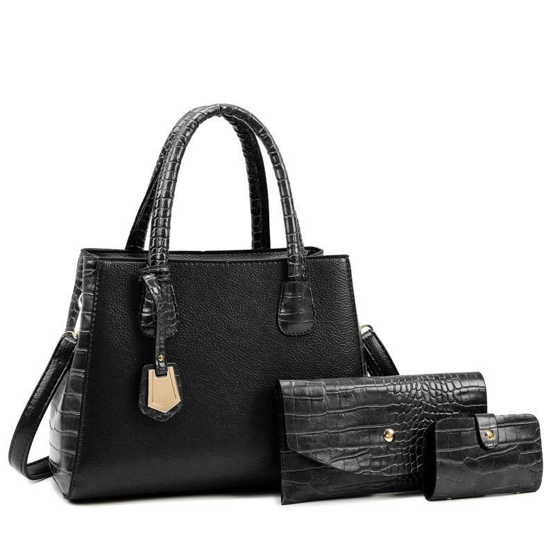 Wholesale fashion 3 in 1 Large Capacity Crocodile pattern PU Leather Purse and crossbody handbags sets for women