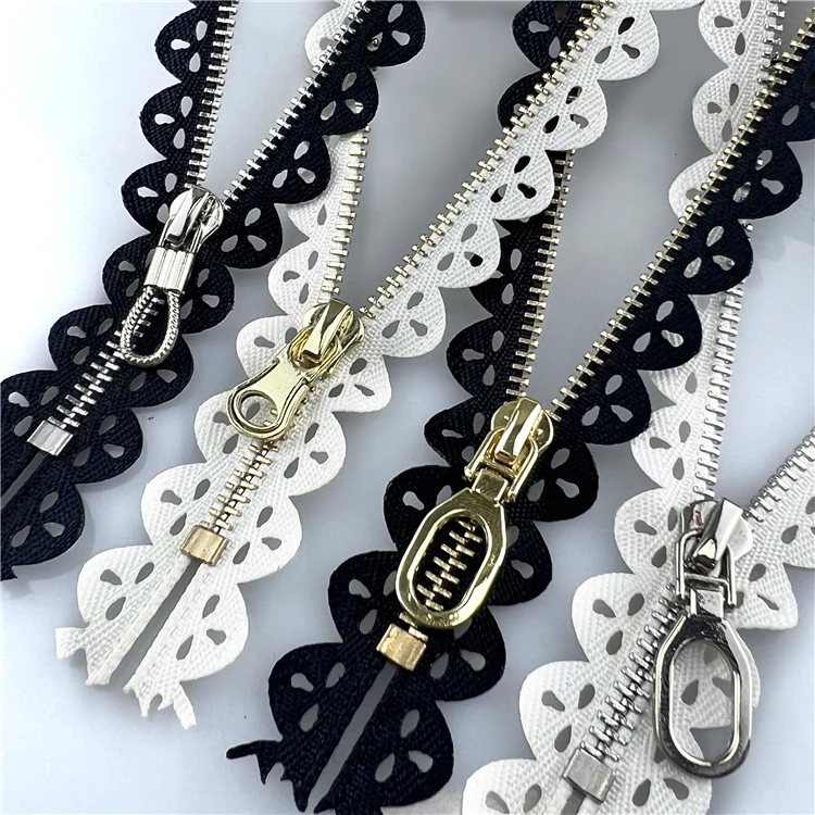 Cheap China Made Custom No.3 Metal Zipper Puller Hot Lace Fabric With Closed Tail Metal Zipper