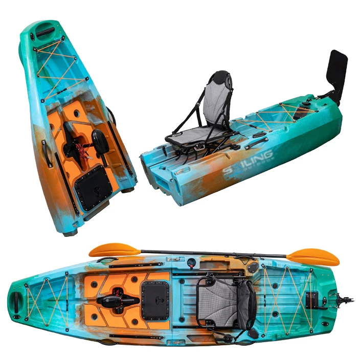 Plastic Single Seat 3m Sit On Top Folding Detachable Fishing Kayak 2 Piece Modular Canoe With Fin Pedal or Motor