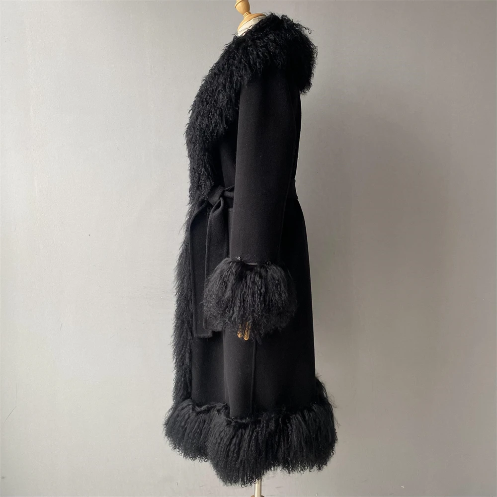 Wholesale Slim Trench Coat Long Style Luxury Real Mongolian Lamb Fur Collar Cuffs Winter Custom Logo Women Wool Solid Color Coat