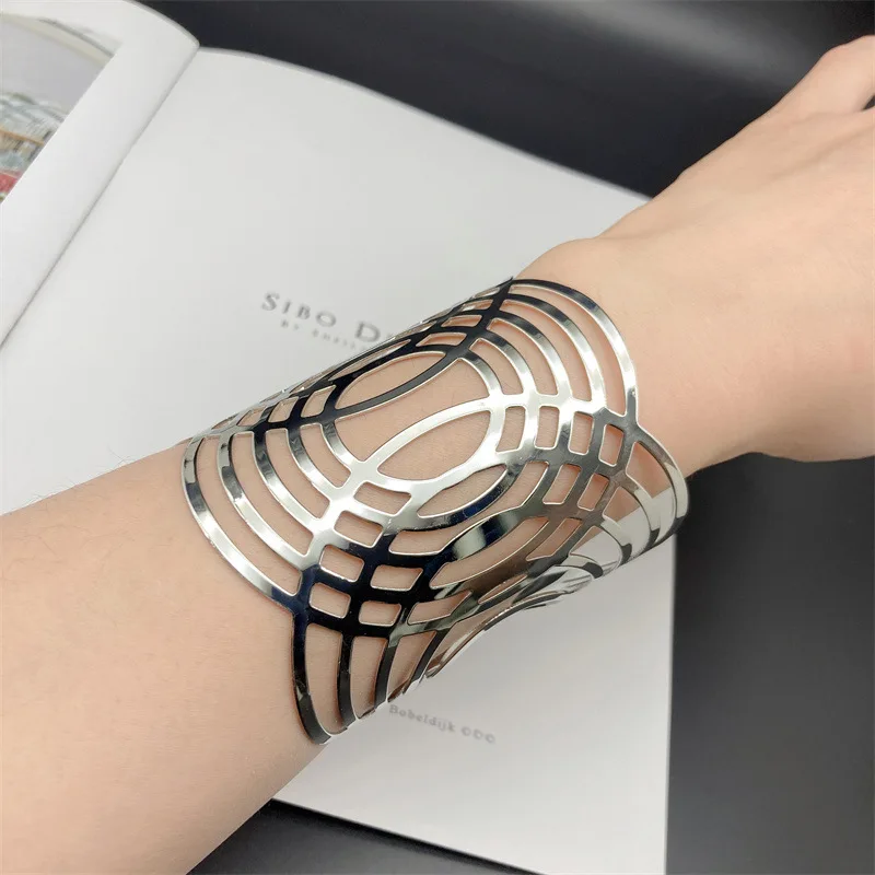 Bracelet Open Bangle Women European American Exaggerated Jade Wide Metal Electroplated Polished Surface