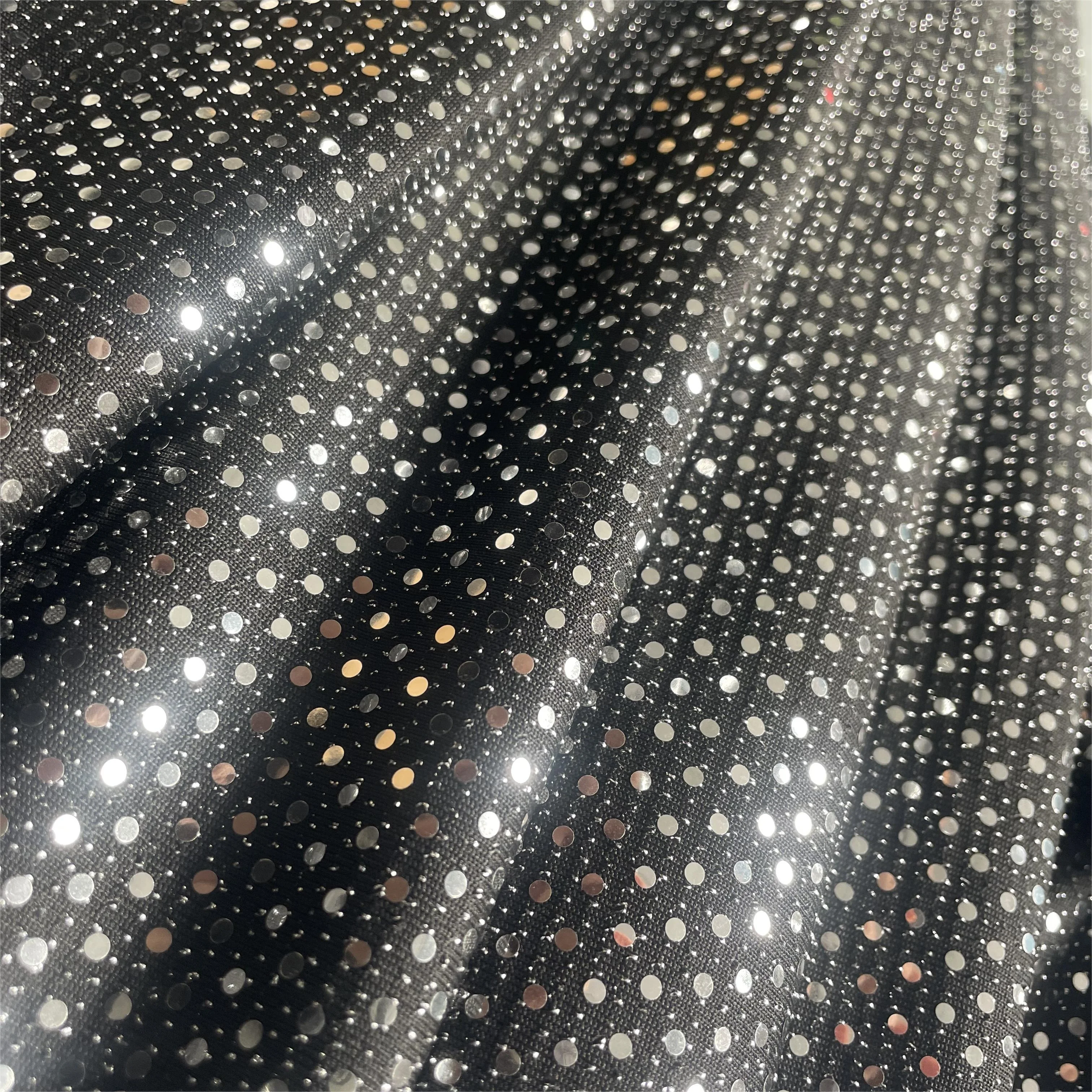 Fashion polyester wire sequins decal fabric dress flash stretch knit fabric laser polka dot perm women jacquard fabric