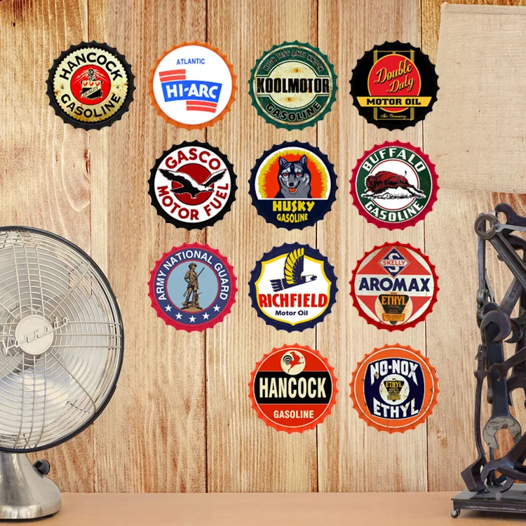 
hanging tin signs DIA30CM customized UV printing GASOLINE bottle cap unique metal sign rusty tin plaque rustic bottle caps 