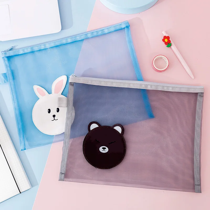 Q A4 Transparent mesh file pouch Multifunctional office file folder Student cartoon zipper pen pouch