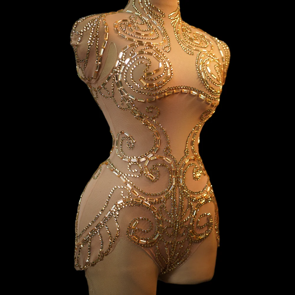 Sexy Gold Sequin Party Celebration Performance One Piece Jumpsuits Stripper Pole Dance Leotard Women Club Diamond Bodysuits
