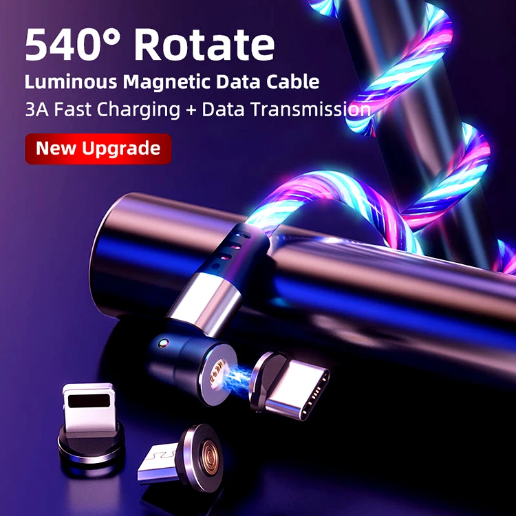 540 Degree Rotating Magnetic Cable Micro USB Type C Cable For iPhone13 Pro XS Max Samsung Xiaomi Glow LED Lighting USB Cable