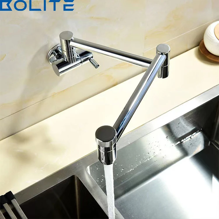 Folding Telescopic Pot Mounted Faucet With Double Joint Rocker Arm Wall Mounted Black Kitchen Faucet