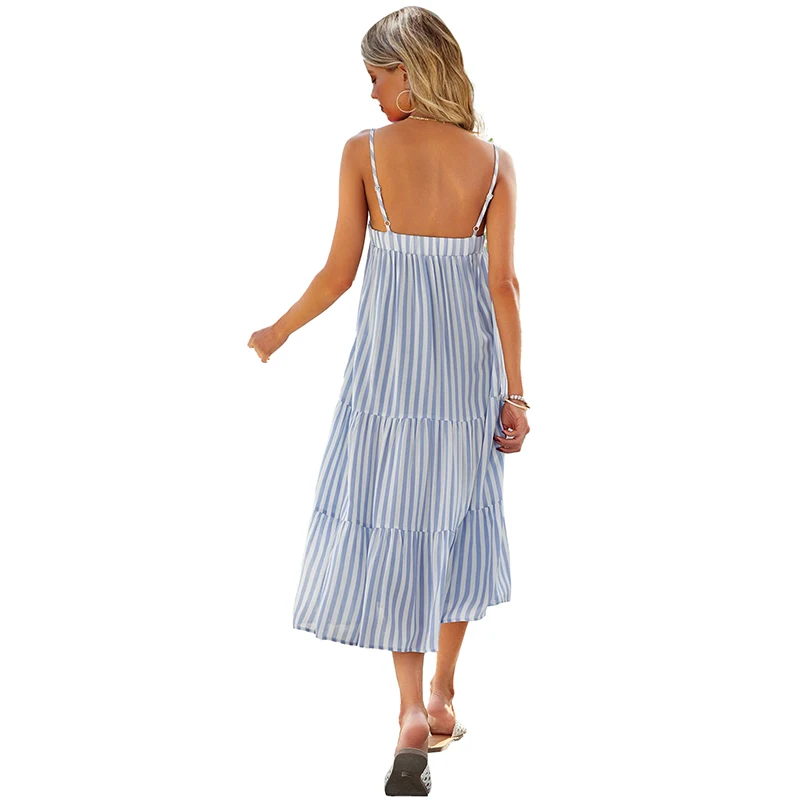 Sexy Open Back Stripe Plus Size Slip Dress Double Layer A-Line Loose Casual Dresses Women