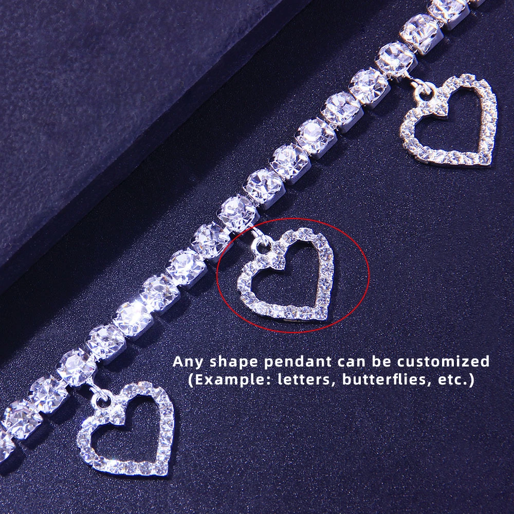 In Stock Beach Gold Plated Customized Crystal Cuban Link Tennis Foot Chain Rhinestone Heart Charms Anklets Bracelet for Women