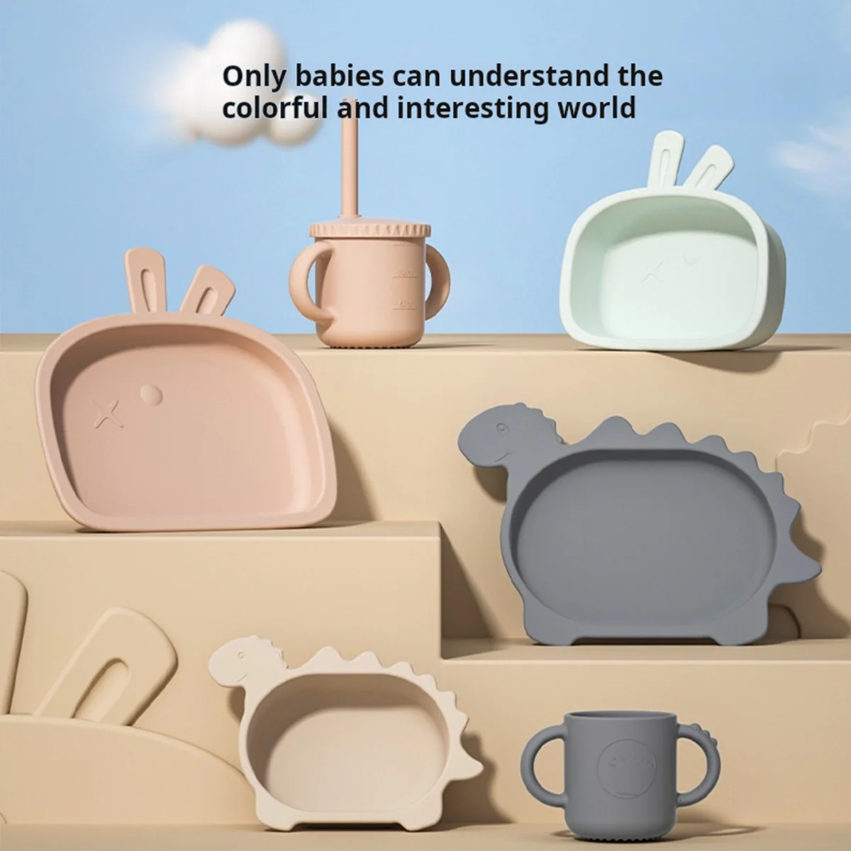 New Arrivals Bpa Free Eco-Friendly Newborn Food Grade Silicone Cute Kids Dining Tableware Suction PlateBowl Cup Baby Feeding Set