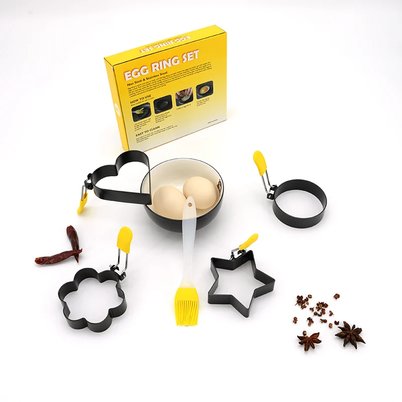 Amazon Лидер продаж, партиями по 4 шт. силиконовые предотвращающие ожоги ручка яйцо набор колец антипригарным покрытием тарелка яйцевидной жарочная пресс-форм