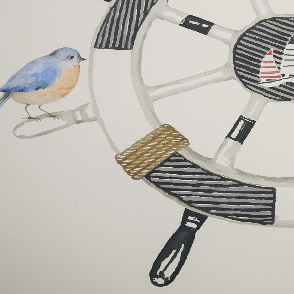 Gold foil boat helm wheel picture black and white wall art abstract prints on floating paper wall frame decor