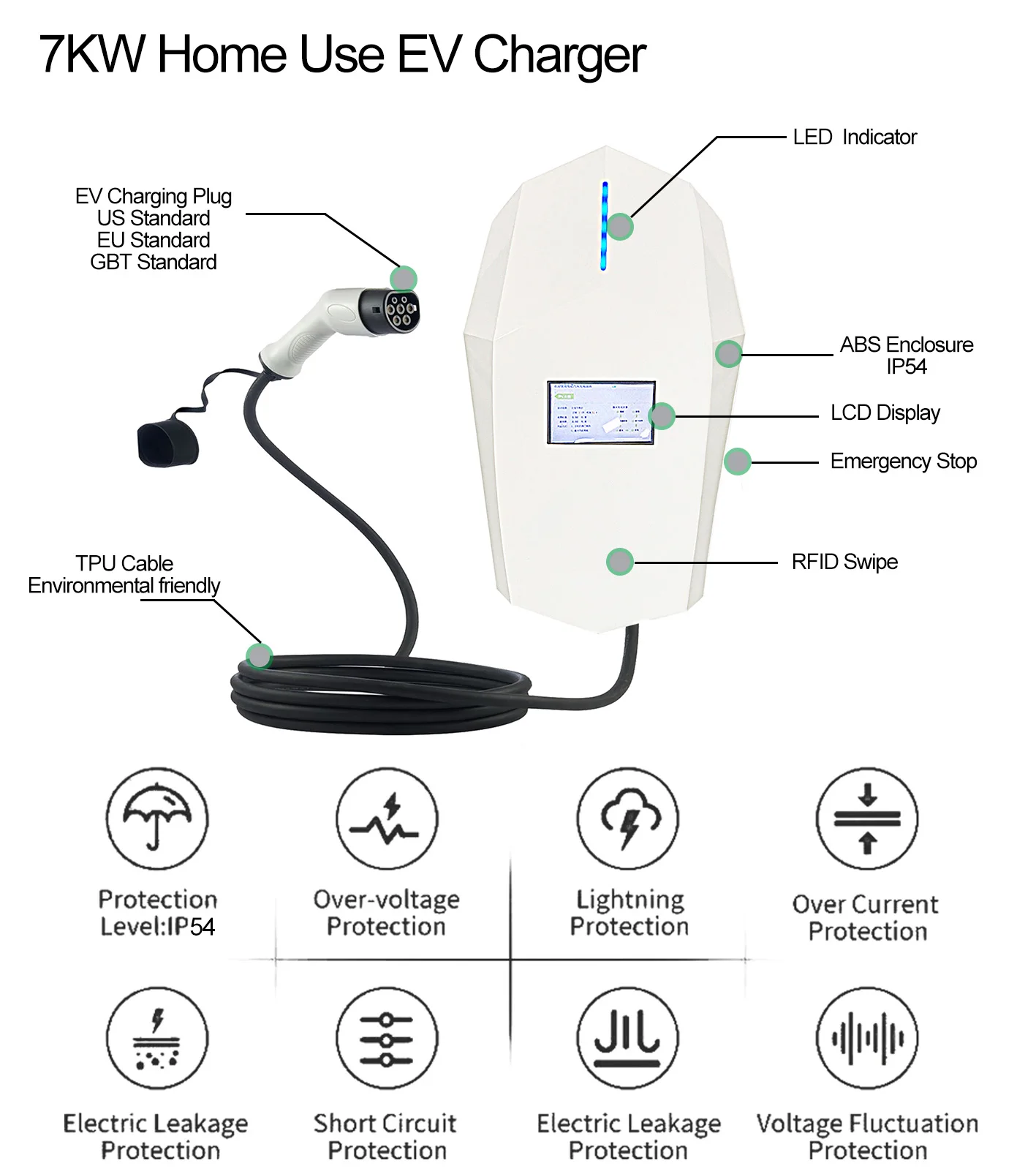 Type 2 IP55 waterproof ev charger 7kw 32A single phase EV charging station for electric cars