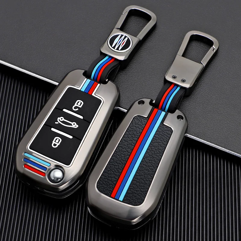 Metal Flip Key Case Cover Zinc Alloy+Silicone Auto Key Shell Fob Protector with Keychain Suitable for Peugeot Citroen