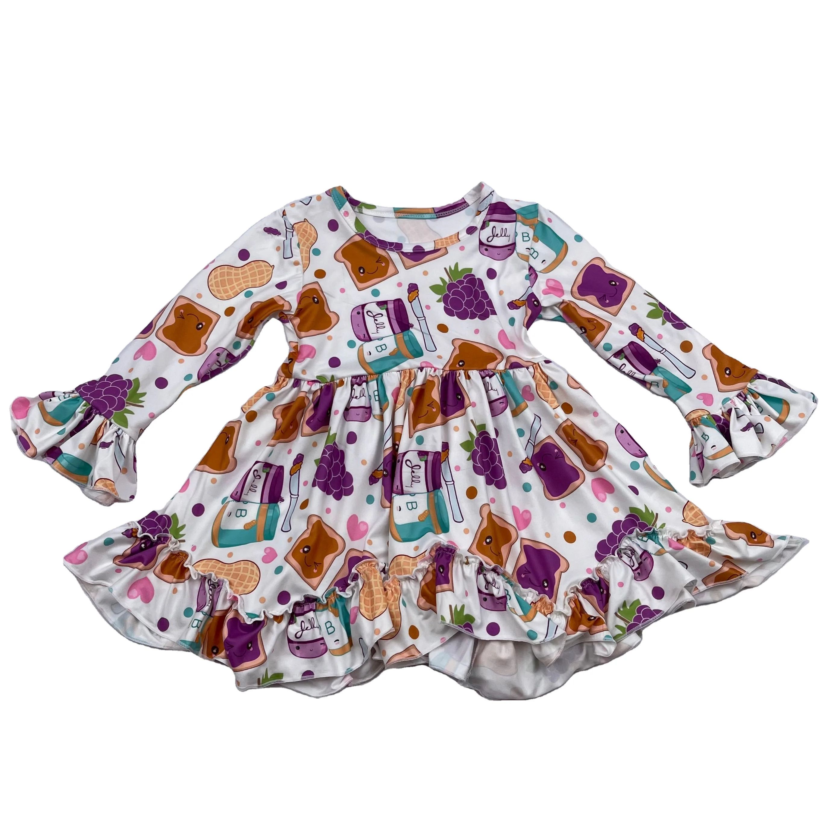Manufacturer Fashion Kids Boutique Clothing Comfortable Cute Girls Cartoon Dress Long Sleeves Frock Baby Party Dresses