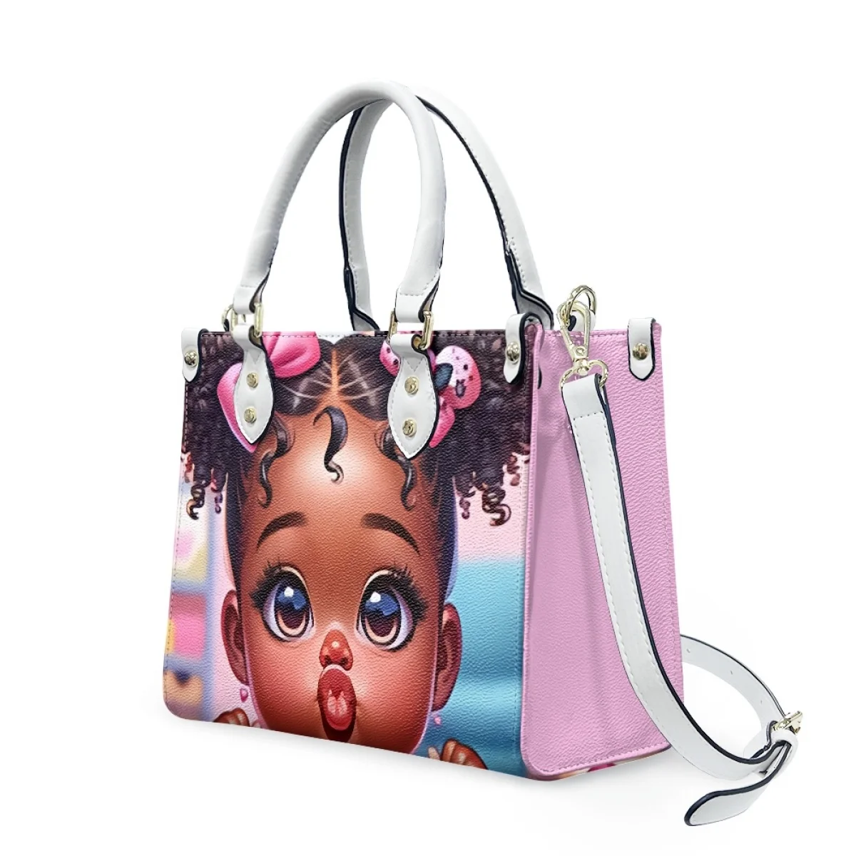 2024 Fashion Waterproof Woman Art Pu Handbag African American Art Black Girl Pattern Print On Demand Custom Rectangle Women Bags