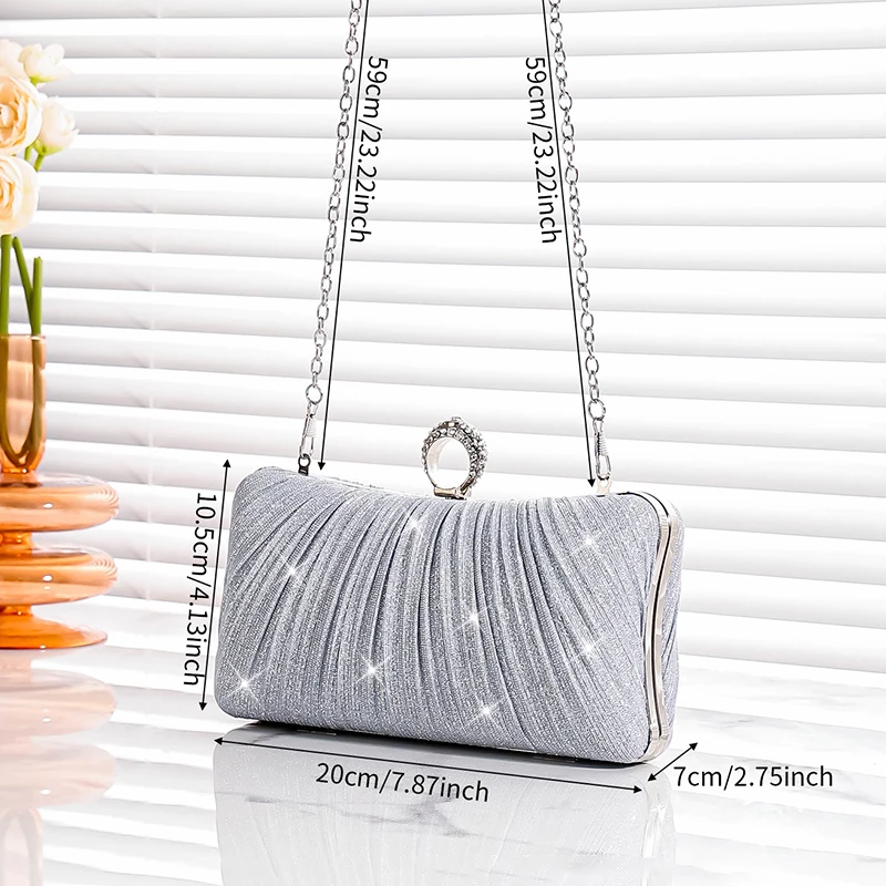 2024 Luxury Ring Solid Color Pleated Wedding Party Pair Clutch Bag Geometric Pattern Silk Pearl Dinner Bag