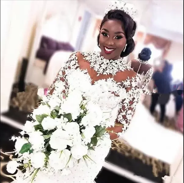 Fashion Plus Size African Mermaid Vestidos De Novia Illusion Long Sleeve Lace Applique High Neck Wedding gown MW74