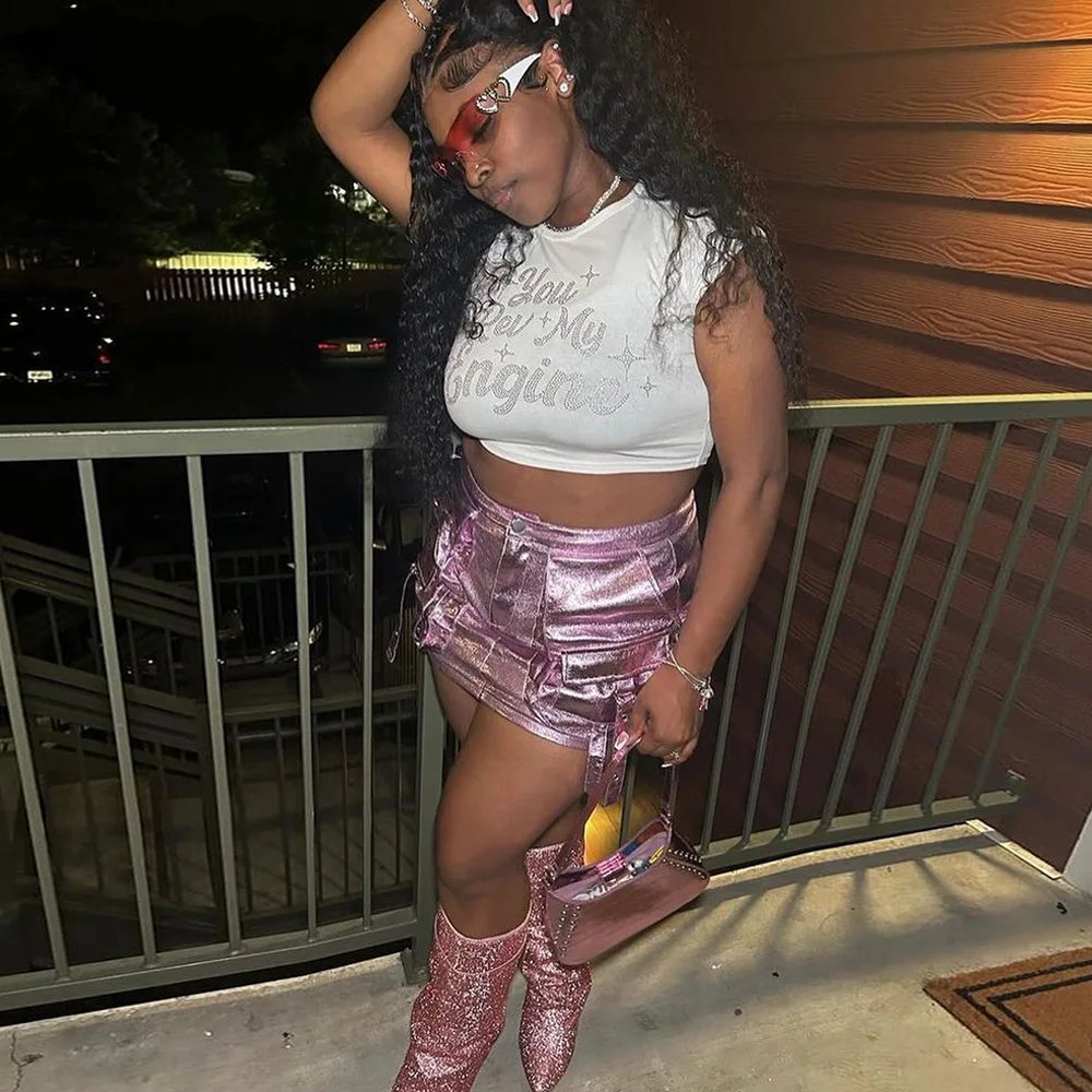 X11269C Metallic Silver Pink PU Leather Skirts for Woman Streetwear Sexy High Waist Cargo Mini Skirt Fashion 2024