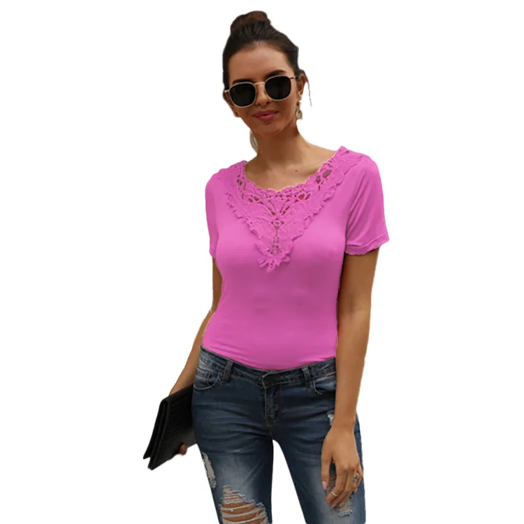 Sexy short-sleeve lace V-neck solid color stitching T-shirt women cloth Ladies Loose Blouse