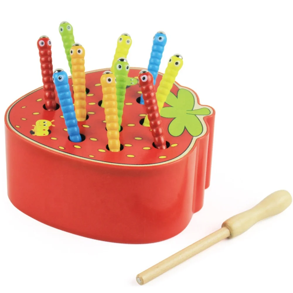 Pretend Education 3D Puzzles Fishing Games Catches Cater pillar Wooden Magnetic Insects Worms Catch Toys
