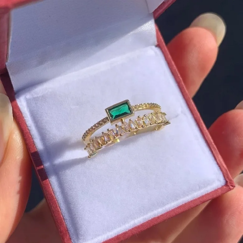 Korean Hot Selling Sense Green Zircon Double Layer Ring Luxury Emerald Gemstone Crystal Open Adjustable Rings Jewelry Women