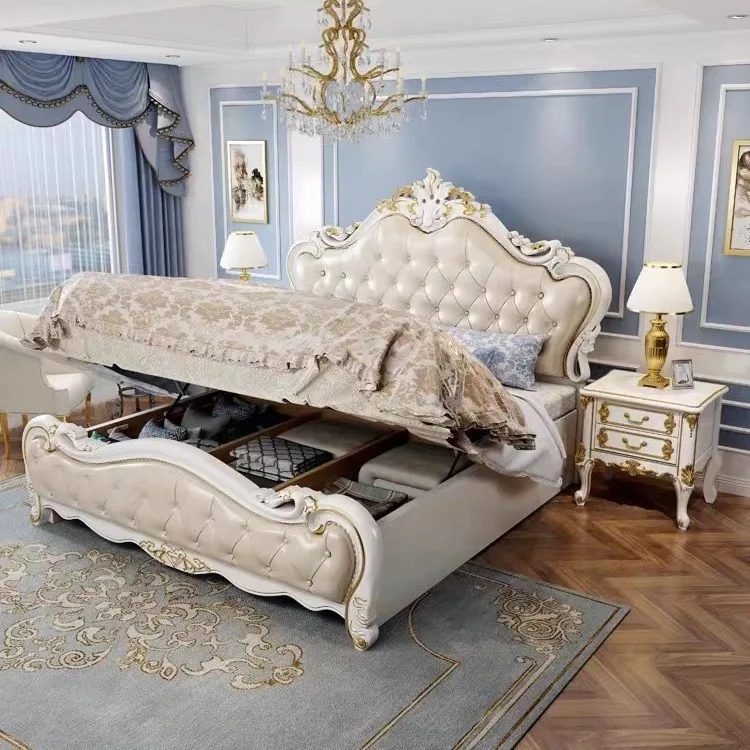 European Luxury Bedroom Storage Bed Frame King Size Bed Frame Solid Wood Princess Double Queen Size White Bed