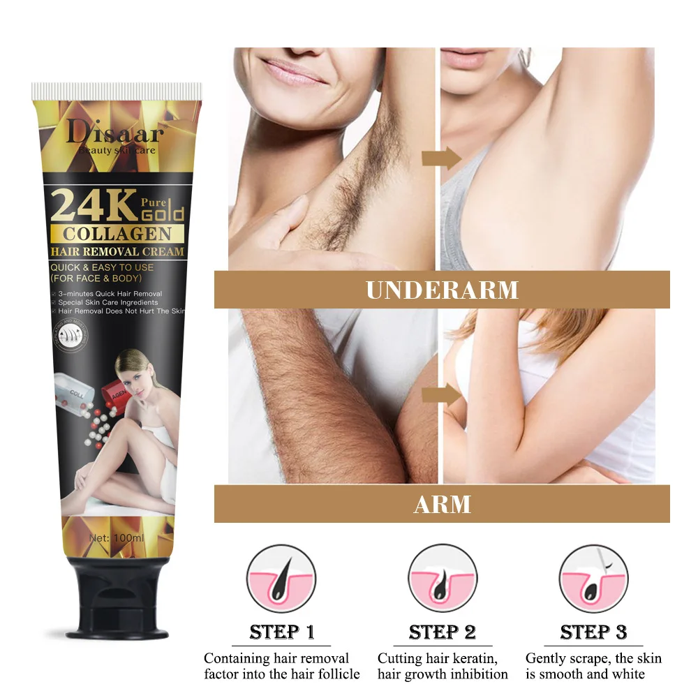 Custom Logo Removal Cream 24K Gold Collagen Depilatory Hair Removal Cream Legs & Body for Men Women