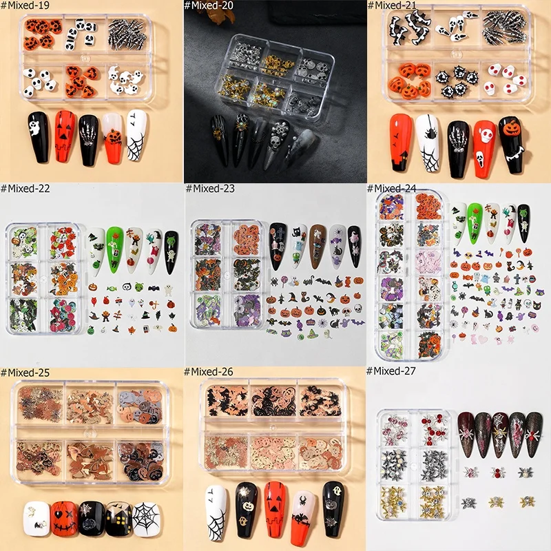 Halloween Spider Plated Red Rhinestone Metal Heart Bat Ghost Hand Claw Skull Alloy 3D Decoration Halloween Nail Art Charm