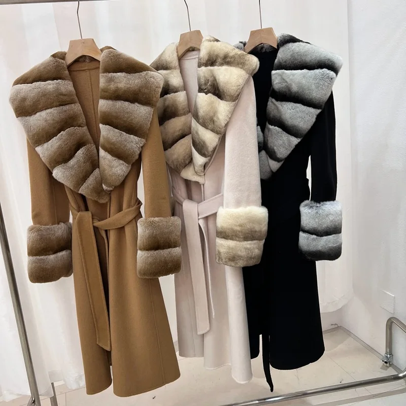 Luxury Winter Big Rabbit Fur Cuffs and Collar Jacket Women Long Double Face Wool Coat Copy Mink Fur Belted Female Overcoat