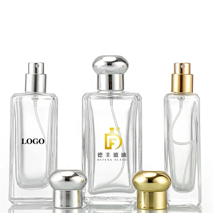 Luxury Custom Rectangle Glass Perfume Bottle With Silver Gold Lids 30ml 50ml 100ml