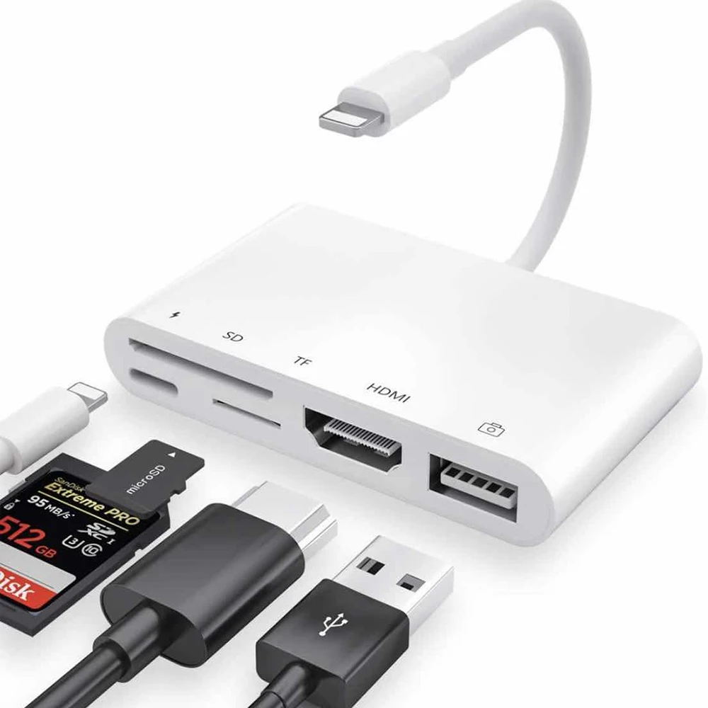 For Apple Digital AV Adapter 4K 1080P HDTV Converter HDMI-Compatible Connector USB OTG SD Card Reader Adapter for iPhone iPad