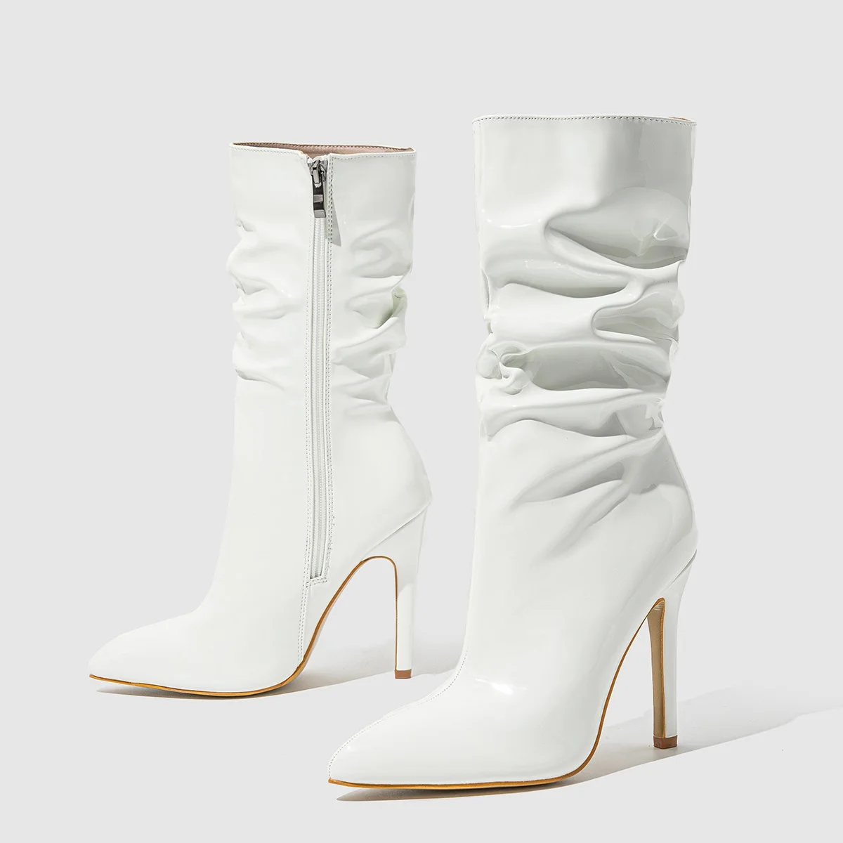 Hot sale ready stock pointed stiletto pile boots patent leather bare shoes short tube high heel Knight boots 42