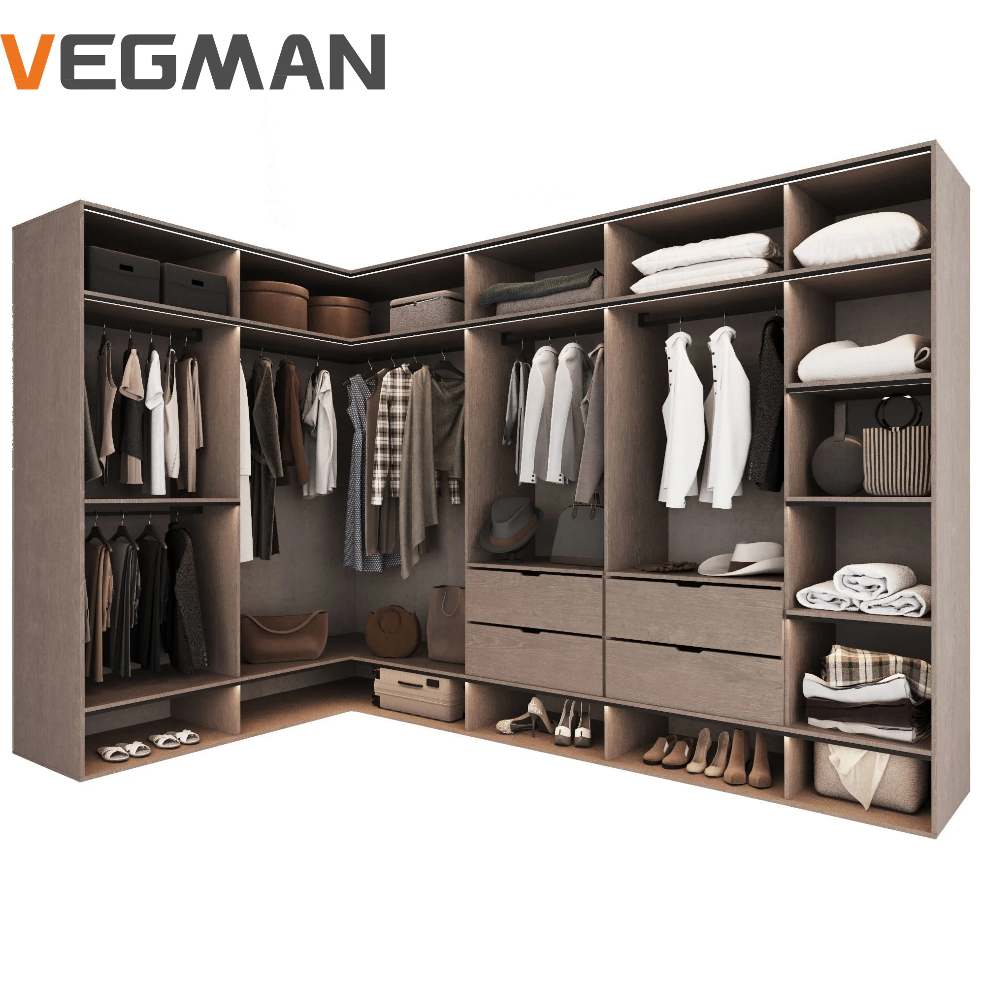 European Style Custom L Shape Brown Bedroom Wooden Panel Walk In Wardrobe Closet