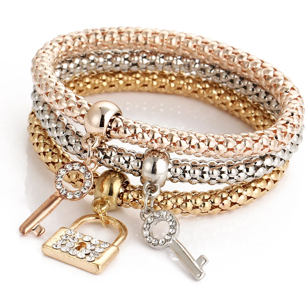 Fashion 3Pcs Elastic Cubic Zirconia CZ Crown Bracelets Creative Gold Tone Popcorn Corn Chain Valentine Bracelets for Women 2020