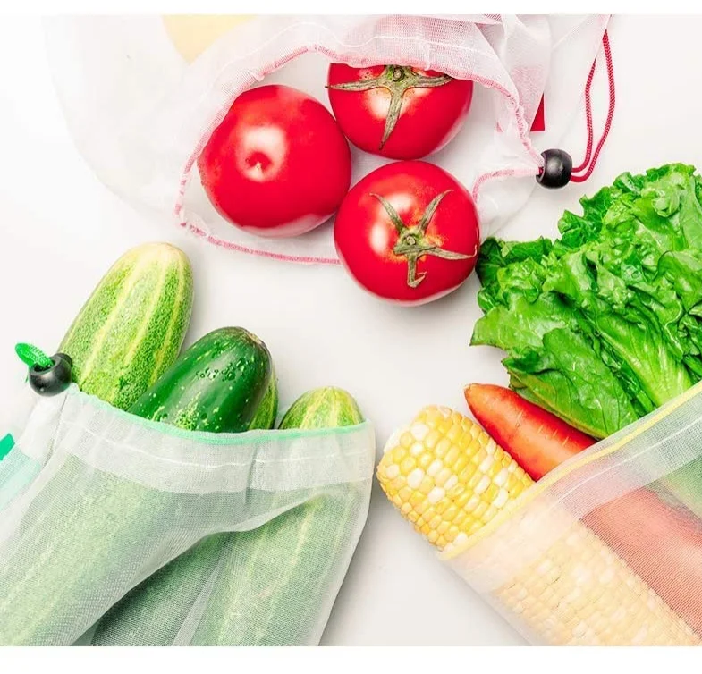 
ECO-Friendly Safe Mesh Bags sets For Fruit, Veggies, Shopping Mesh Storage Bag With Drawstring Reusable Mesh Produce Bags 