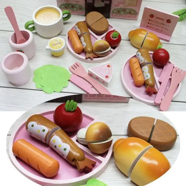 Hot Sale Pink Strawberry Wooden Tea Set and Cake Wooden toy kitchen set for Girls