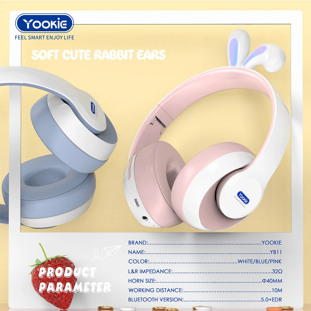 YB11 Led Colour Changing Kids Headset Macaron Over Head Children Headphone Rabbit Ear Shaped Bt Wireless Headphone