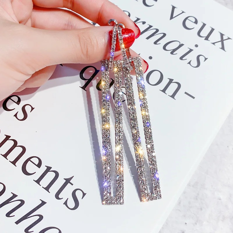SHHE507 Korean Style Geometric Square Rhinestone Drop Earrings Long Diamond Crystal Rectangle Dangle Earrings with Crystal