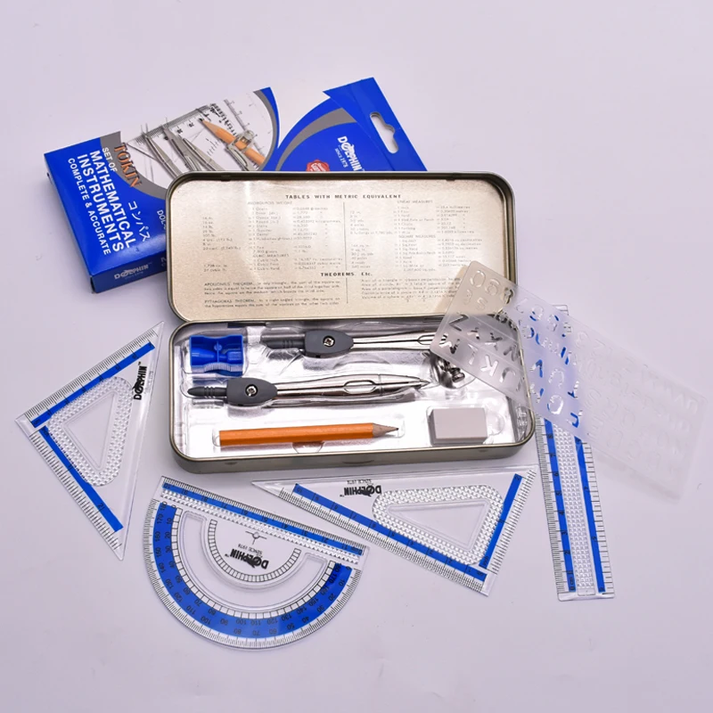 free sample good perfect quality stationary mathematical set  tin box school supplies geometry tools