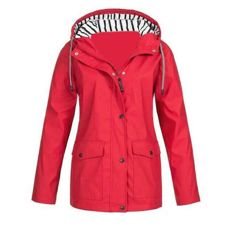 
Wholesale custom ladies pie overcoming coat waterproof raincoat plus size casual outdoor hooded cardigan jacket 
