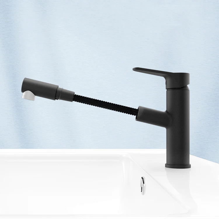 HEGII modern single hole brass pull out hot cold water mixer tap matte black bathroom sink wash basin faucet